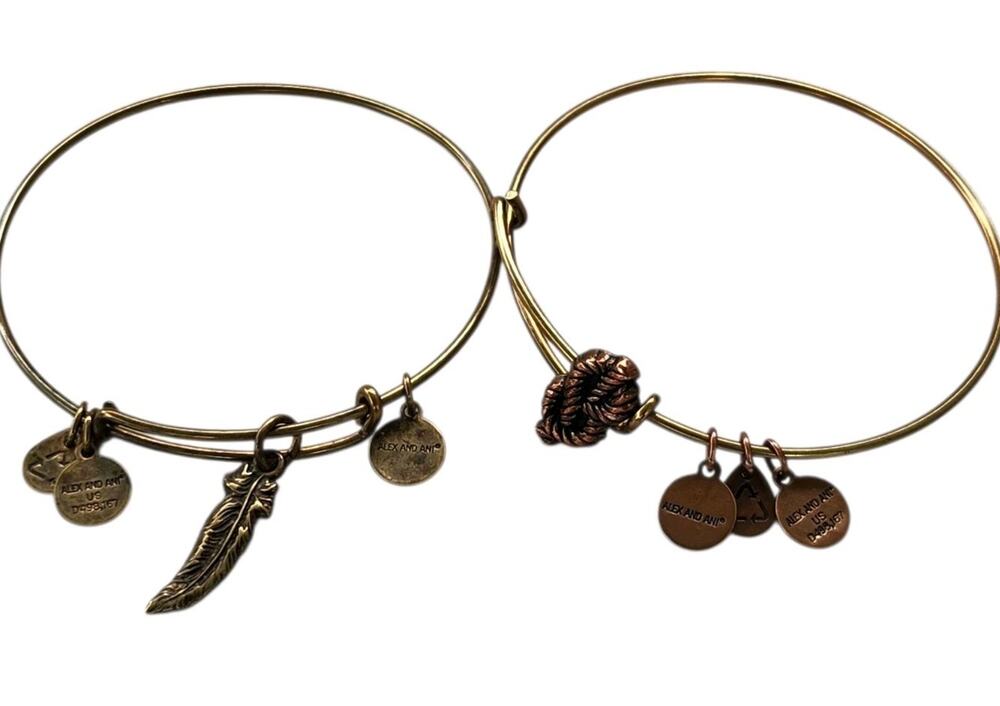 SET OF 2 ALEX and ANI GOLD SAILORS KNOT & FEATHER SLIDE BANGLE BRACELET JEWELRY